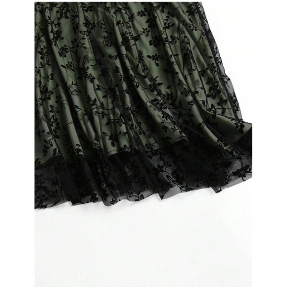 Floral Flocking Tulle Long A-Line Skirt Green* - Picture 5 of 11